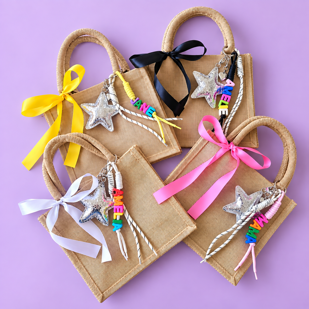 Personalised Mini Jute Bag with Name Charm & Bow