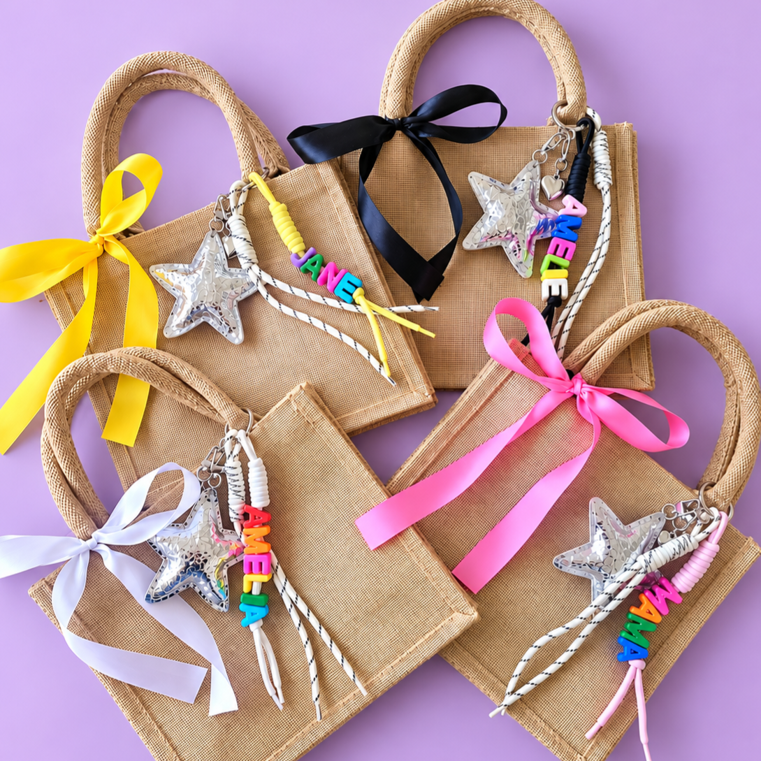 Personalised Mini Jute Bag with Name Charm & Bow